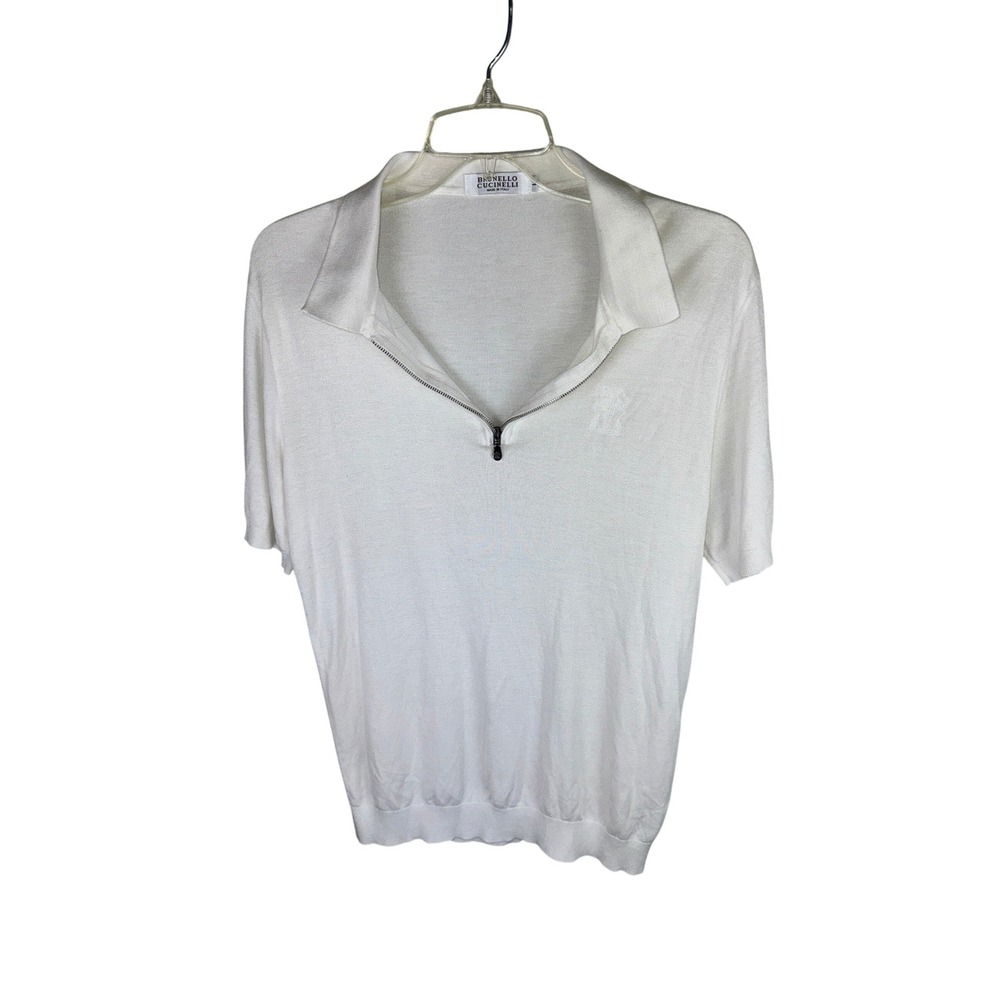 Brunello Cucinelli Mens White 100% Silk Quarter Zip Short Sleeve Knit Polo Large